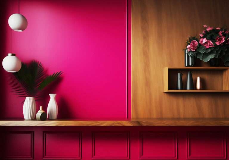 viva-magenta-wall-panelling-with-wooden-shelf-min